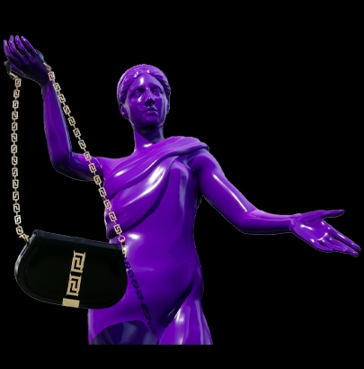 Versace Greca Goddess SS3 OOH: Goddess in purple with the Versace bag